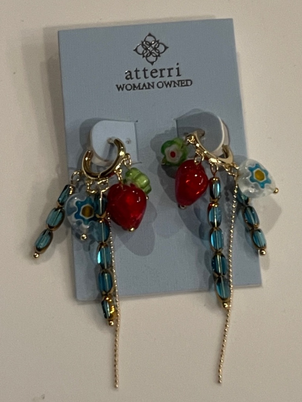 Atterri Red Heart & Blue Bead Dangle Earrings